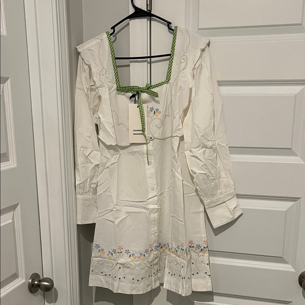 Damson Madder White Embroidered Long Sleeve Dress with Green Trim